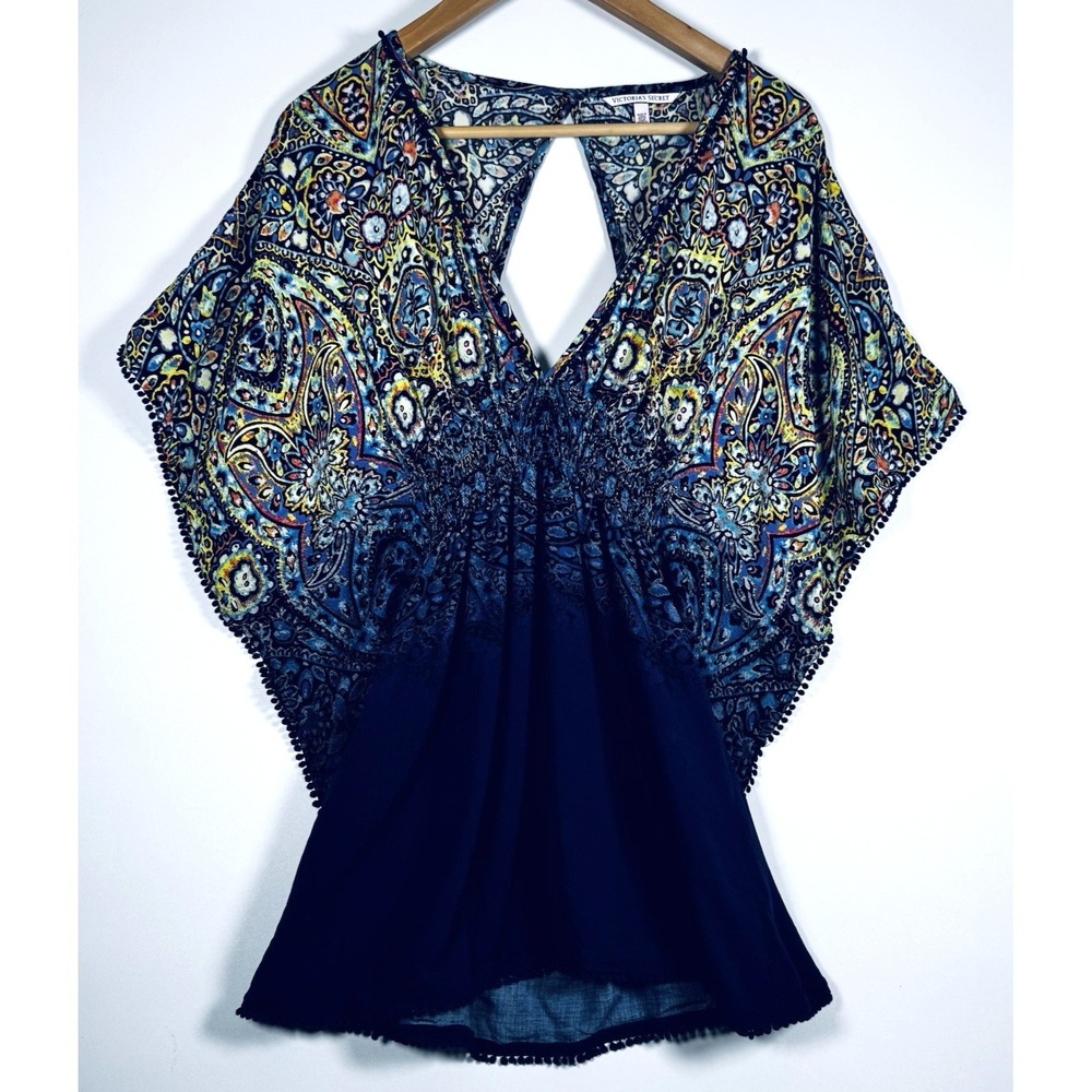 Victoria‎ Secret Paisley Boho Tunic Top Womens Small Blue Ruched  Blouse